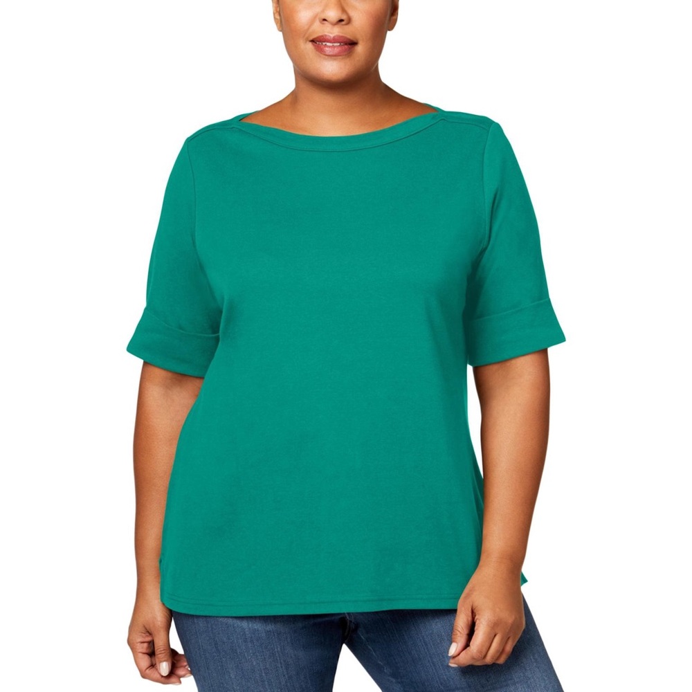 Karen Scott Womens Plus Cotton Boatneck T-Shirt - Picture 1 of 3
